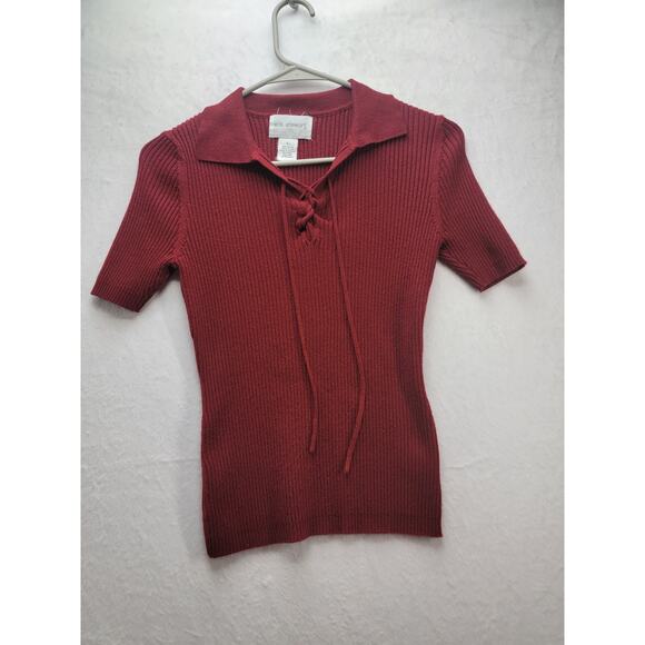 erik stewart red fitted ribbed collard women's top, Sz L - Picture 1 of 8
